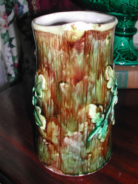 Antique English Majolica Acorn Pitcher Mottled Tree Trunk