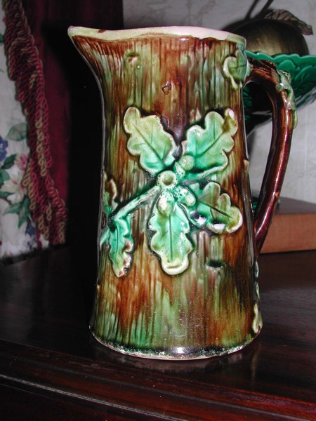 Antique English Majolica Acorn Pitcher Mottled Tree Trunk