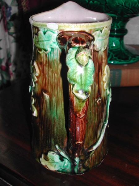 Antique English Majolica Acorn Pitcher Mottled Tree Trunk