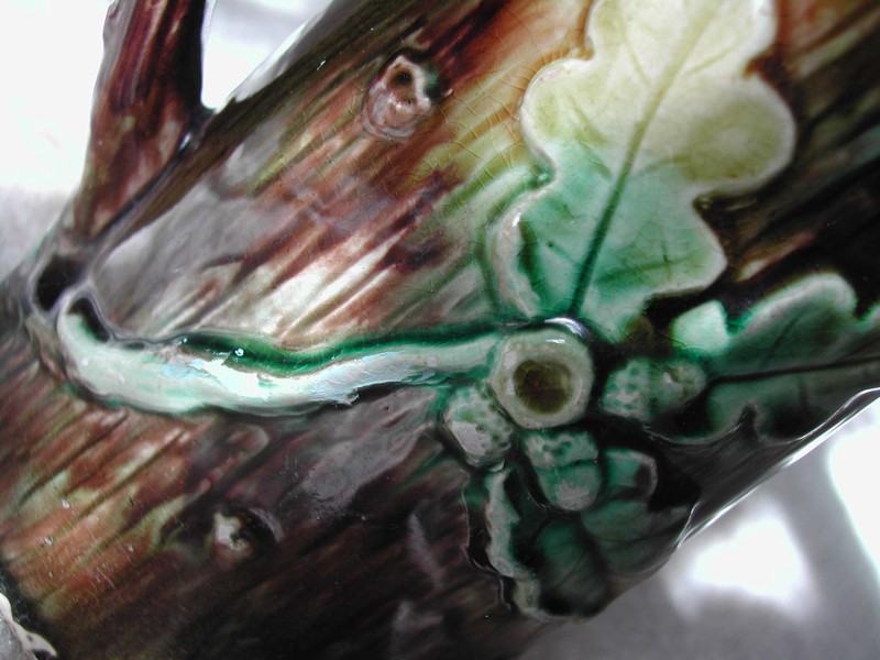 Antique English Majolica Acorn Pitcher Mottled Tree Trunk
