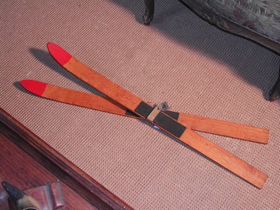 Pair of Vintage Children’s Oak Skis – Red Tips