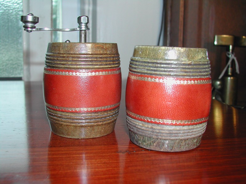 French Wood & Leather Barrel Salt & Pepper Vintage