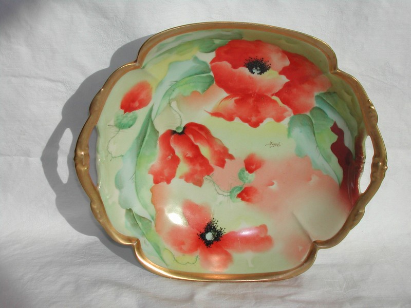 Limoges Hand Painted Poppies Bowl - Artist Signed