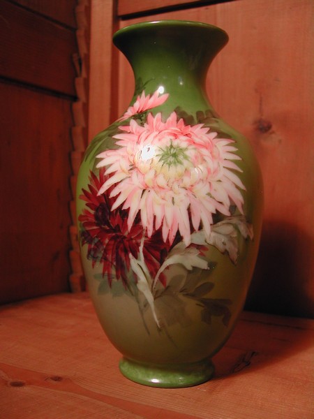 Green Hand Painted Mums Vase