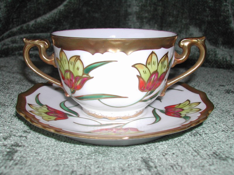 Art Nouveau Limoges Hand Painted Bullion Cup & Saucer Gold Tulip