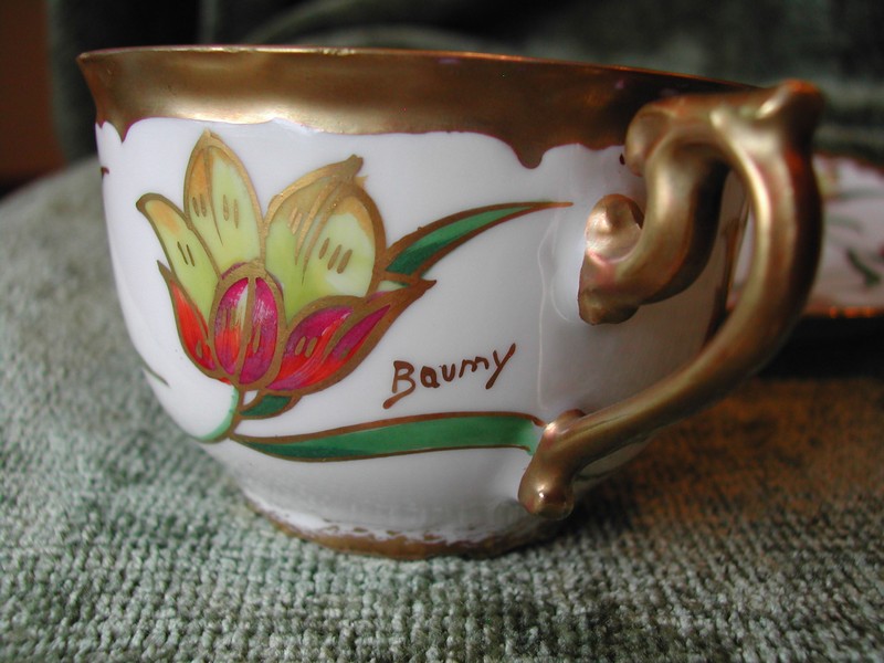 Art Nouveau Limoges Hand Painted Bullion Cup & Saucer Gold Tulip
