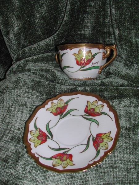 Art Nouveau Limoges Hand Painted Bullion Cup & Saucer Gold Tulip