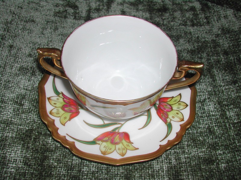 Art Nouveau Limoges Hand Painted Bullion Cup & Saucer Gold Tulip