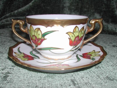 Art Nouveau Limoges Hand Painted Bullion Cup & Saucer Gold Tulip