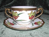 Art Nouveau Limoges Hand Painted Bullion Cup & Saucer Gold Tulip