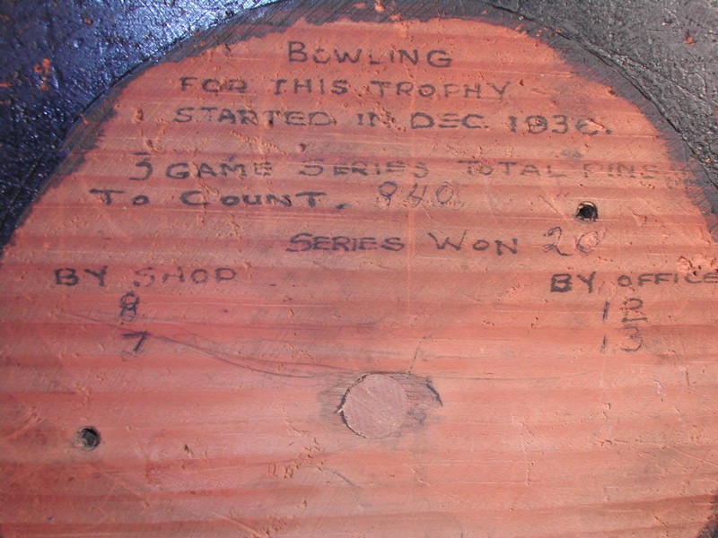 Large Vintage Wood Bowling Pin Trophy Signed 1936