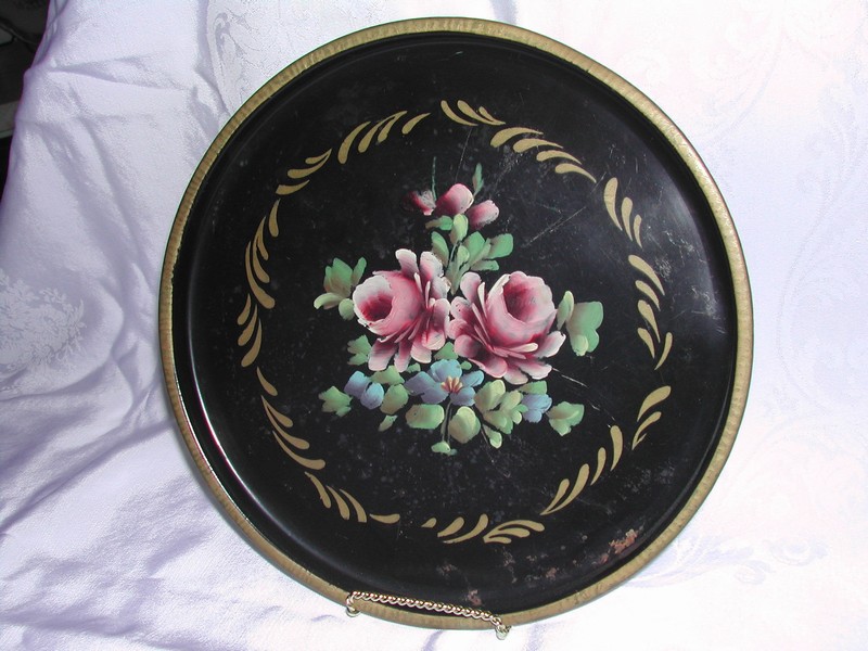 A Vintage Tole Toleware Tray Hand Painted Pink Roses