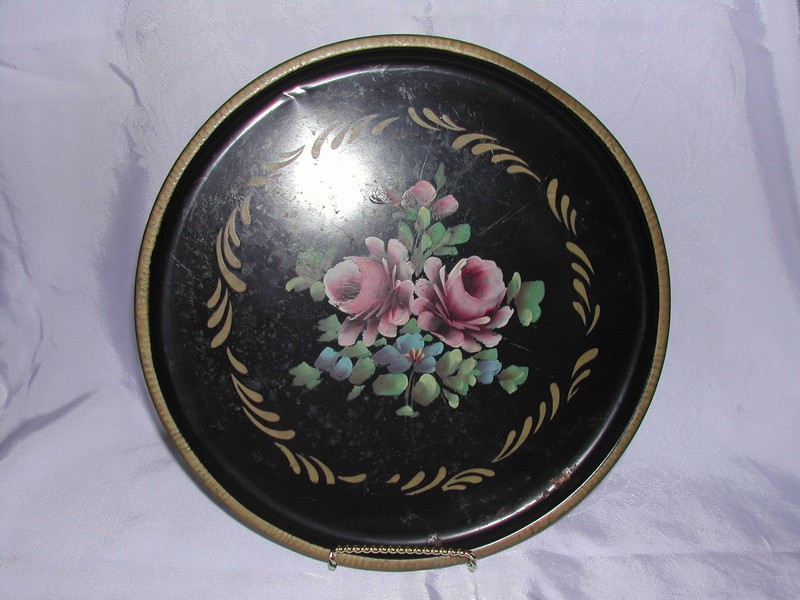 A Vintage Tole Toleware Tray Hand Painted Pink Roses