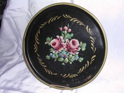 A Vintage Tole Toleware Tray Hand Painted Pink Roses