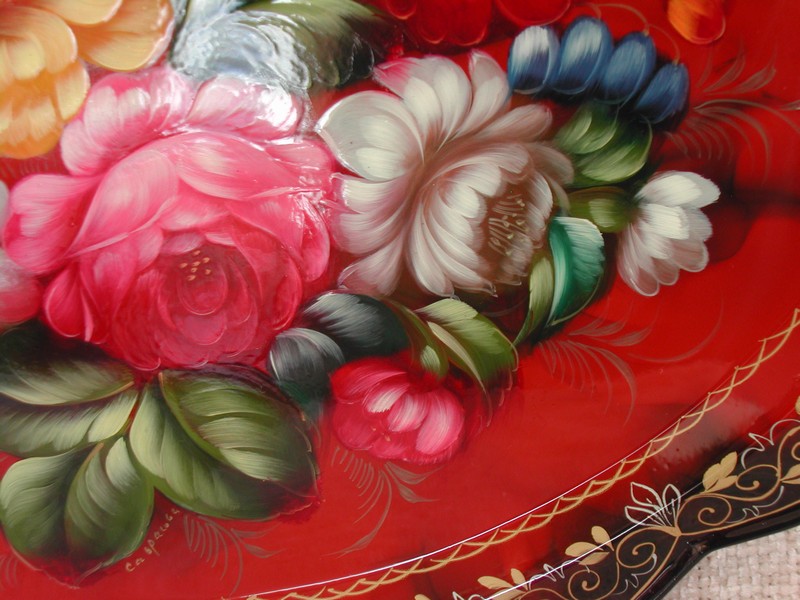 Large Tole Style H P & Artist Signed Metal Ware Tray Caspacoca