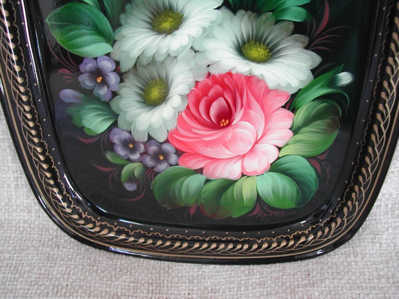 Tole Style Hand Painted Metal Ware Tray Zhostovo Russia