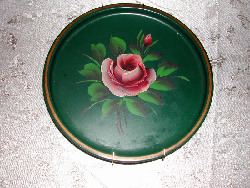 Green Tole Ware Tray with Pink Roses