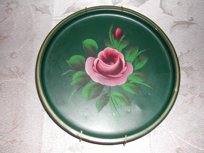 Green Tole Ware Tray with Pink Roses
